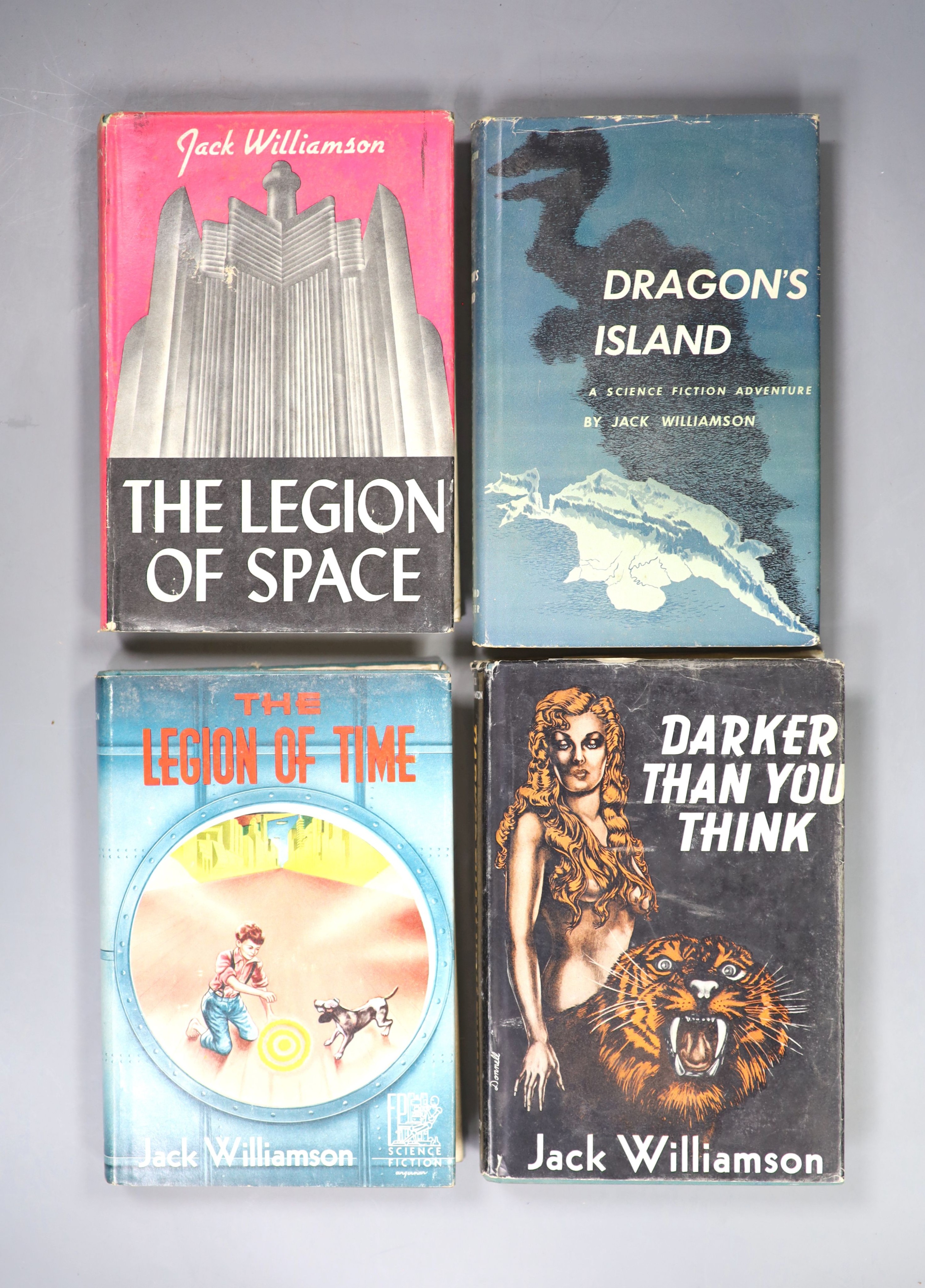 Williamson, Jack - Four works - Darker Than You Think, 1st edition, one of 500, inscribed and signed by the author, illustrated by Edd Cartier, green cloth, with unclipped d/j, Fantasy Press, 1948; The Legion of Space, 1